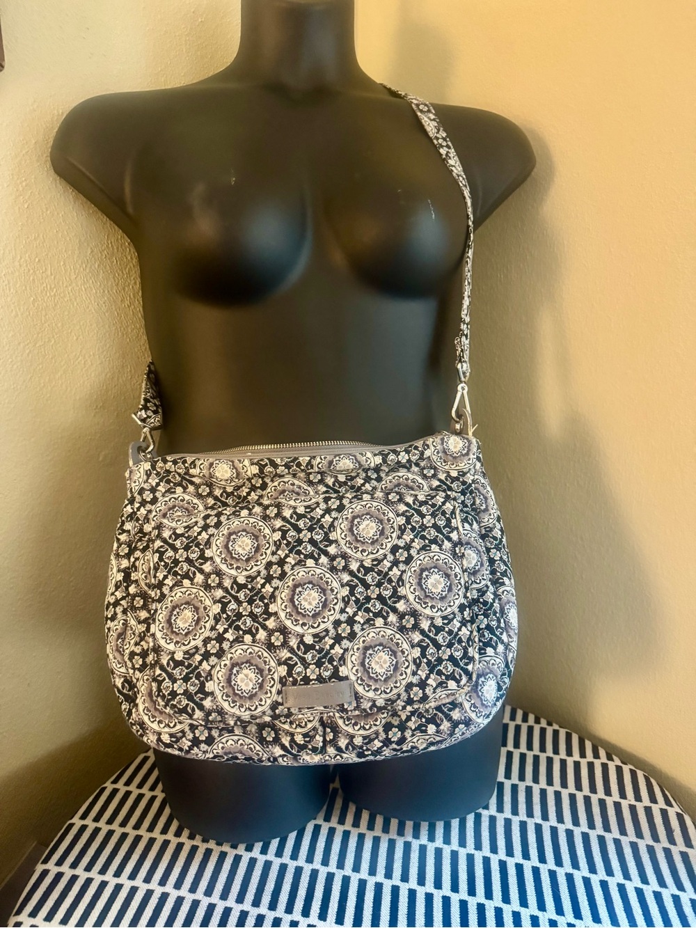 Vera Bradley Navy Blue, Grey and Light Blue Quilted Crossbody Bag